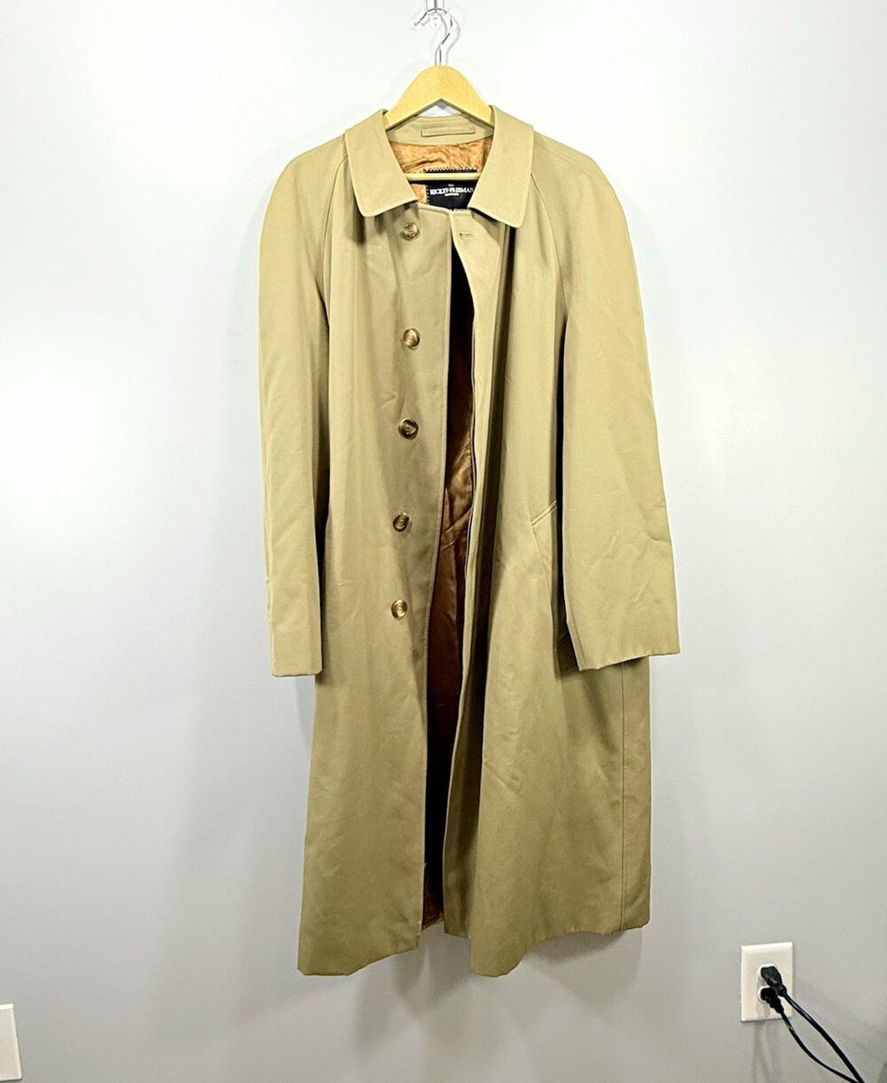 Vintage Hickey-Freeman Men’s L Long Overcoat Beige Cotton Button Front Lined XL